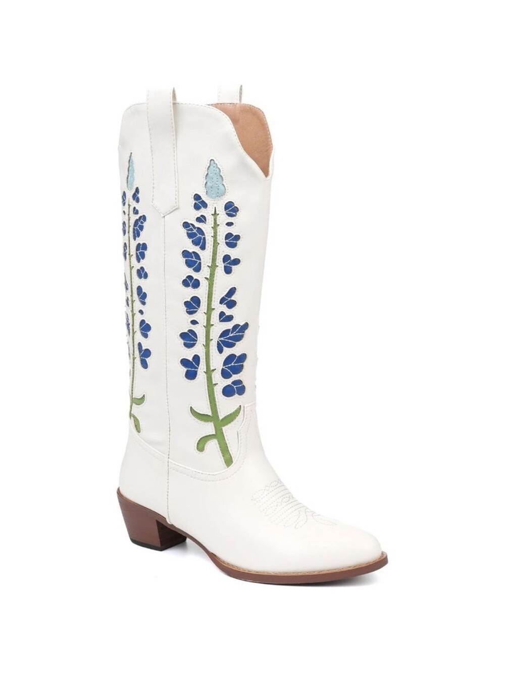 Women's White Bluebonnet Floral Embroidered Fashion Country Boots Pointed Toe